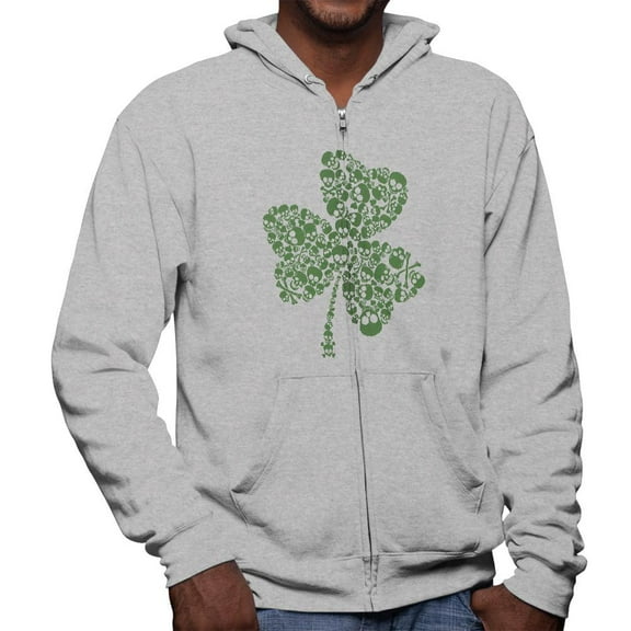 St. Patricks Day Skull Shamrock Mens Full Zip Hoodie Heather X-LG