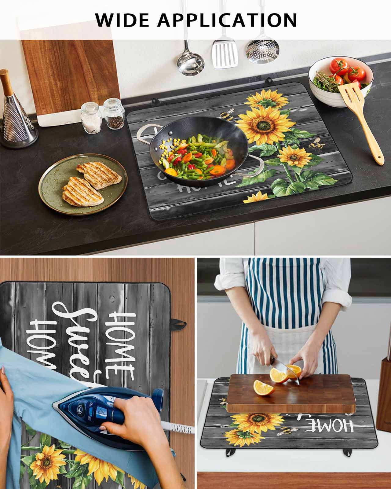 nqOlkjepod Large Induction Cooktop Protector Mat 36"x21", Spring Sunflowers Stove Top Covers for Electric Stove, Black Wooden Grain Country Farm Stove Burner Cover Mats, Glass Top Stove Cover
