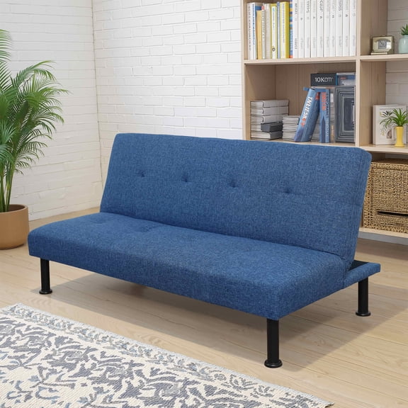MAYEERTY 64 Inch Blue Linen Convertible Sofa Bed, 2-in-1 Living Room Fabric Couch Bed