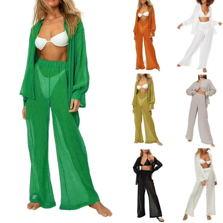 Women See Through Sheer Mesh 2 Piece Pants Set Loose fit Button Down Shirt Wide Leg Pants Pleated Beach Matching Sets