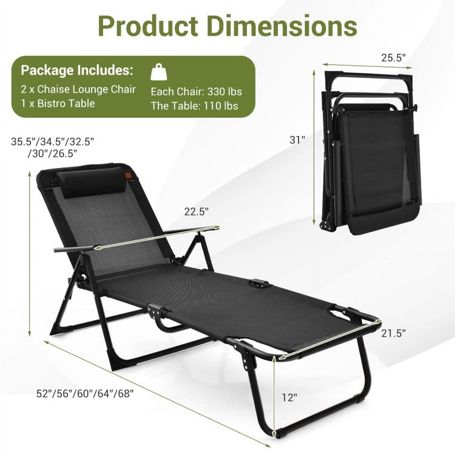 Aimee Lii 3 Pieces Patio Folding Chaise Lounge Set with PVC Tabletop, Patio Sectional Furniture Set, Black Aimee Lii 3 Pieces Patio Folding Chaise Lounge Set with PVC Tabletop, Patio Sectional Furniture Set, Black
