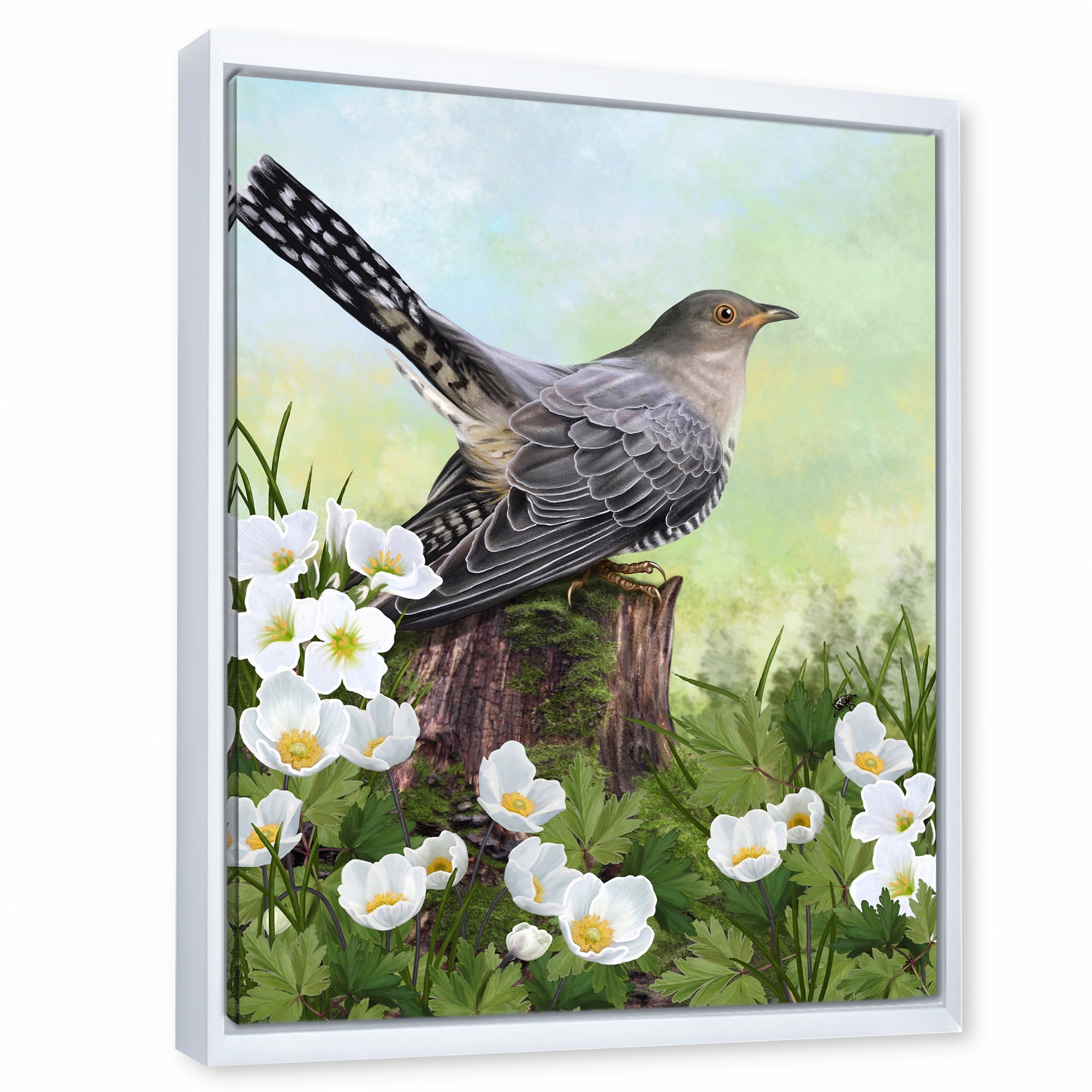 Designart 'Cuckoo Bird On An Old Stump and White Flowers' Traditional Framed Canvas Wall Art Print