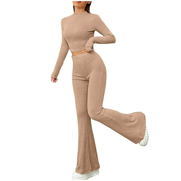 cfhntfmh Lounge Sets for Women Slim Long Sleeve Crewneck Crop Tops Ribbed Knit Outfits Fashion Stretch Bootcut Long Pants