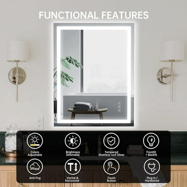 Ourlova 36*24 Inch Rectangular LED Bathroom Mirror with Front & Backlight -Dimmable Anti-Fog Shatter-Proof Vanity Mirror 3 Light Colors Memory Function Horizontal/Vertical Wall Mount