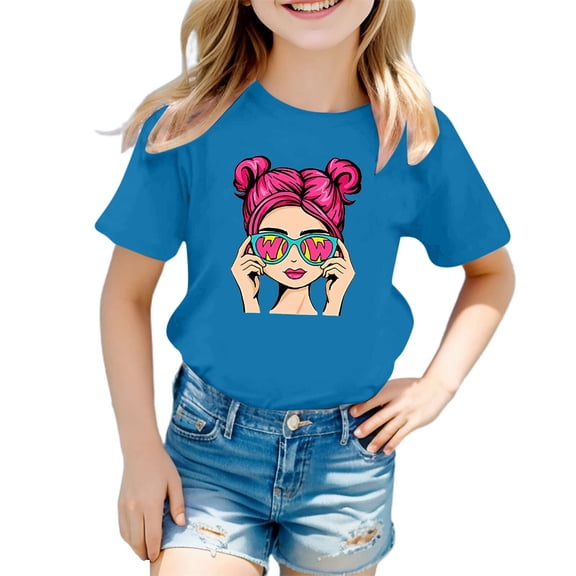 LRen Toddler Girl Tops 2t Girl Solid Color Round Neck Short-Sleeve Shirts and Tops Kids Girls Casual Daily Basic Tees T-Shirts Toddler To Big Kid