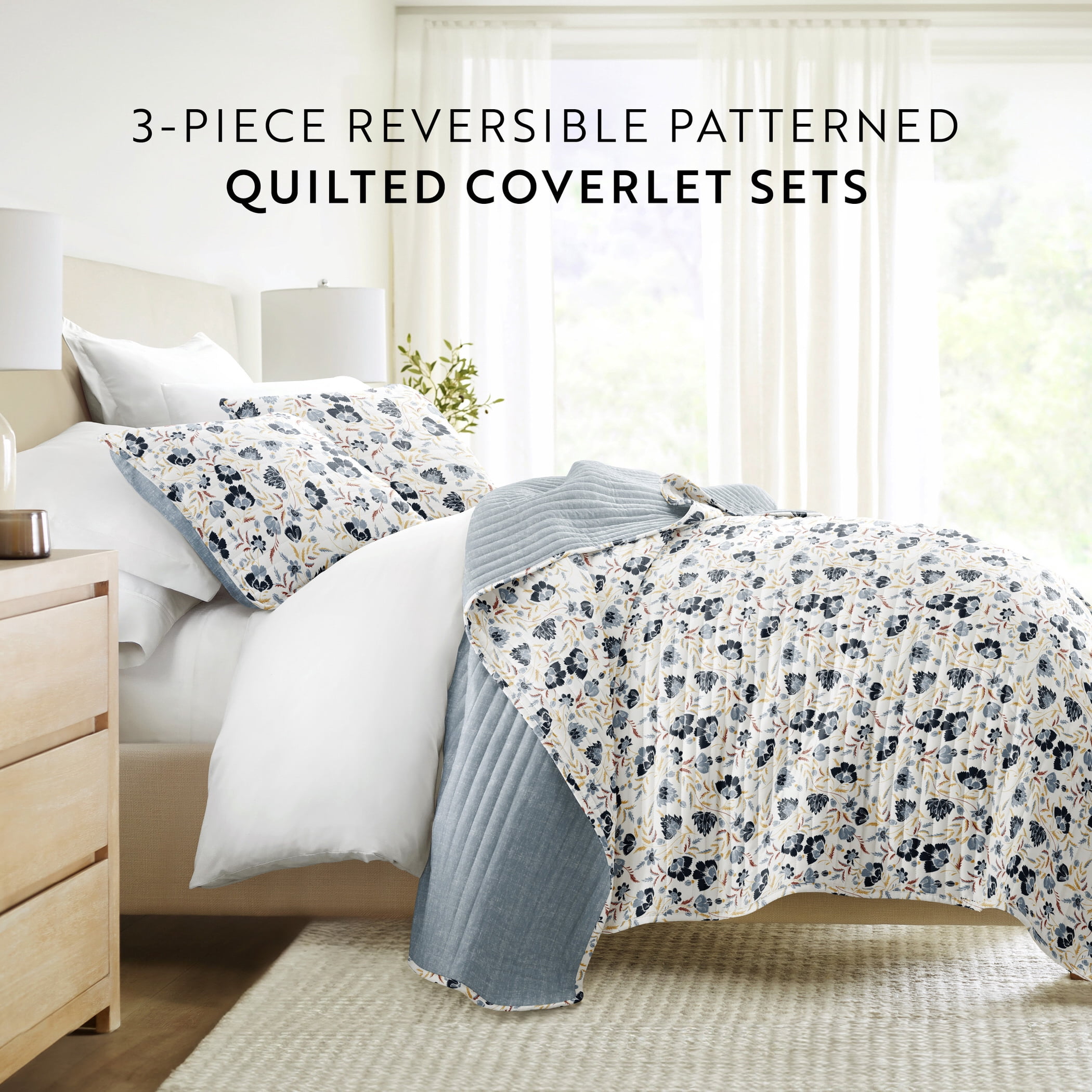Lightweight Quilt Sets - Wrinkle Free - Coverlet French Jacobean Floral Light Blue by Comfort Canopy