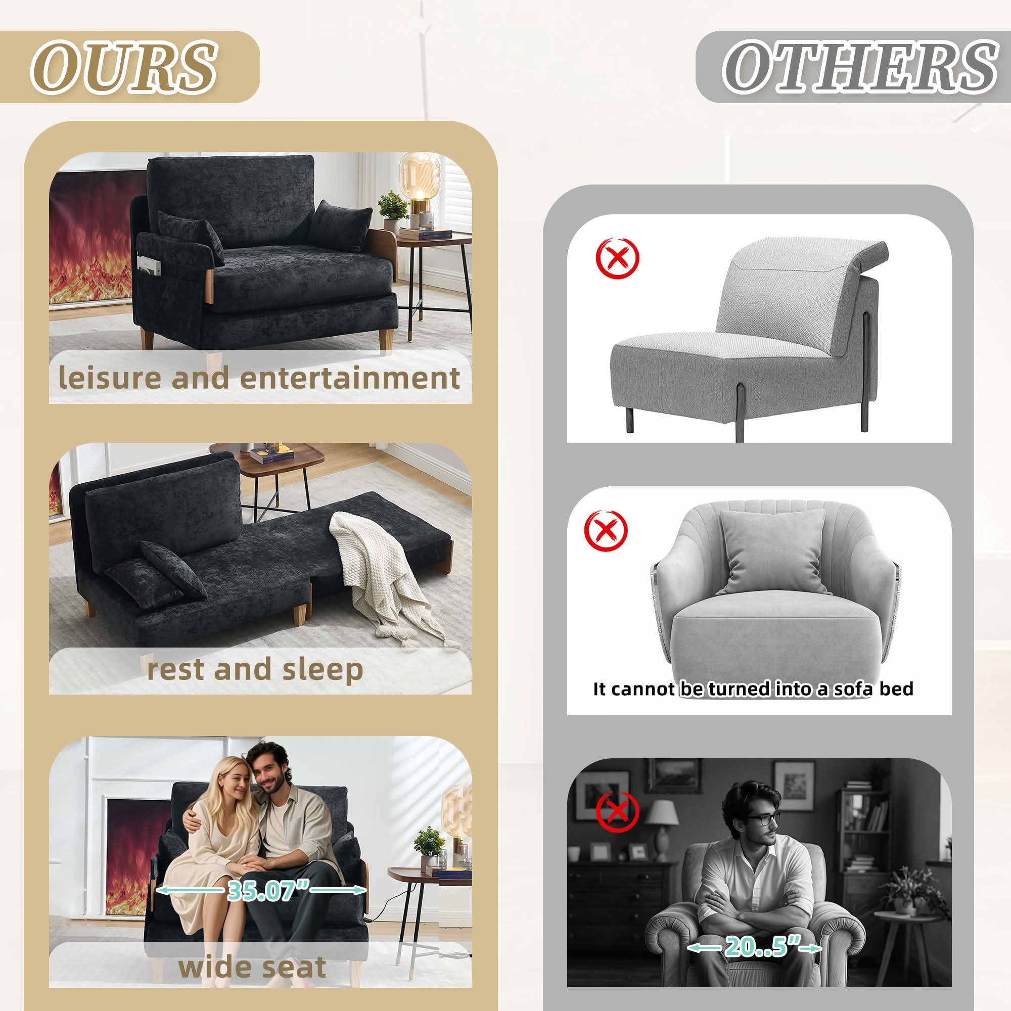 MAYEERTY Mid-Century 3-in-1 Sofa Bed, Foldable Convertible Sleeper Couch with Pillows for Small Bedroom & Apartment