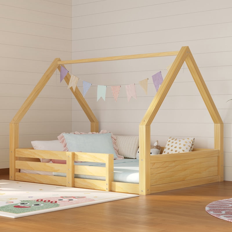 Euroco Wood Full Size Platform Bed, Low Profile House Floor Bed with Guardrails, White