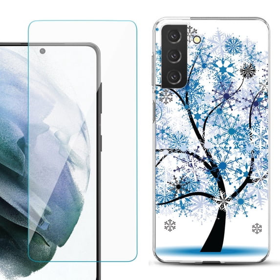 Slim-Fit TPU Fashion Phone Case for Samsung Galaxy S21 FE 5G Fan Edition, with Tempered Glass Screen Protector, by OneToughShield ® - Snowflakes Tree
