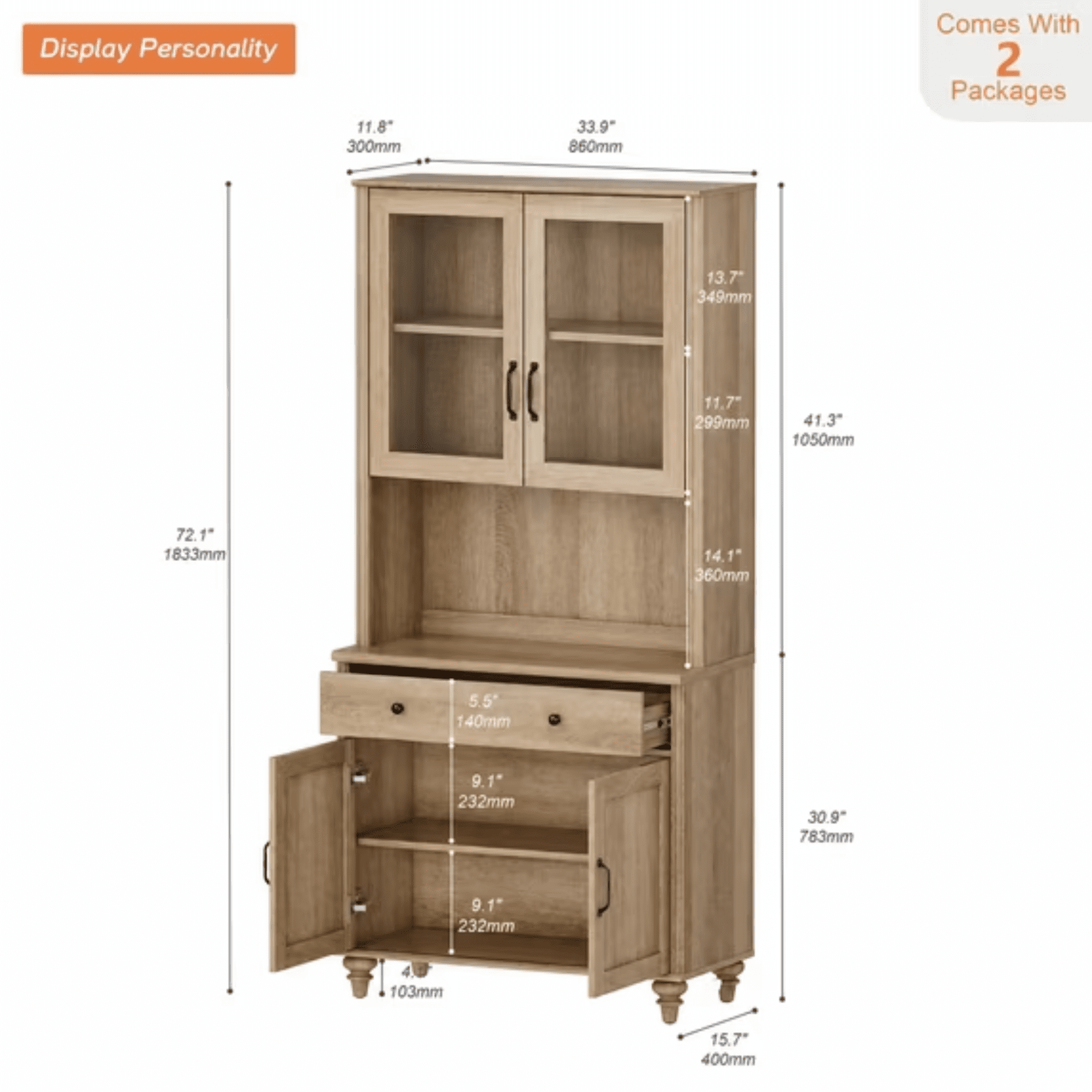 Large Farmhouse Wooden Bookcase with Storage Cabinet, Freestanding Library Bookshelf for Living Room, Office, Study Room & Kitchen, Oak