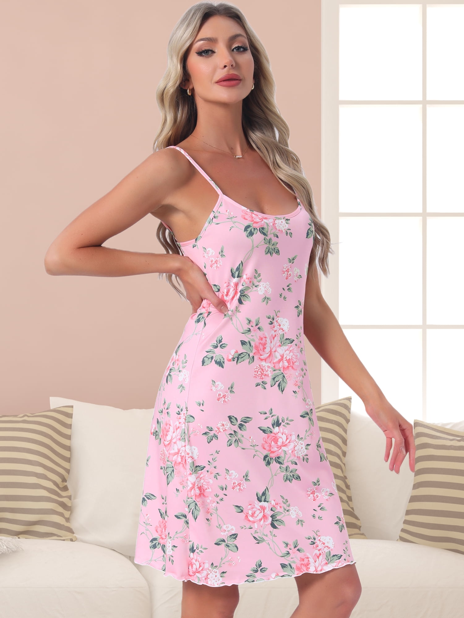 DARING DIVA Women's Floral Rose Sleeveless Spaghetti Strap Sleepdress M Pink
