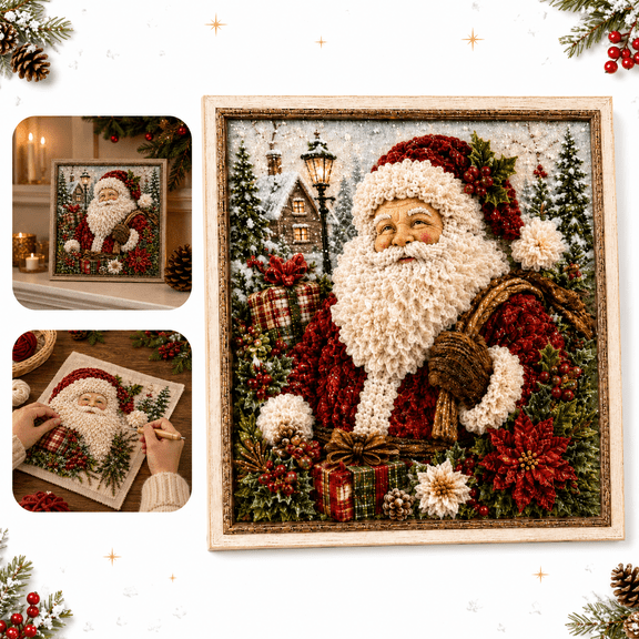Christmas 3D Fabric Poke Art Kit Santa DIY Craft Set, Vintage Holiday Textile Painting Kit with Wooden Frame, Handmade Christmas Decor for Adults Beginners