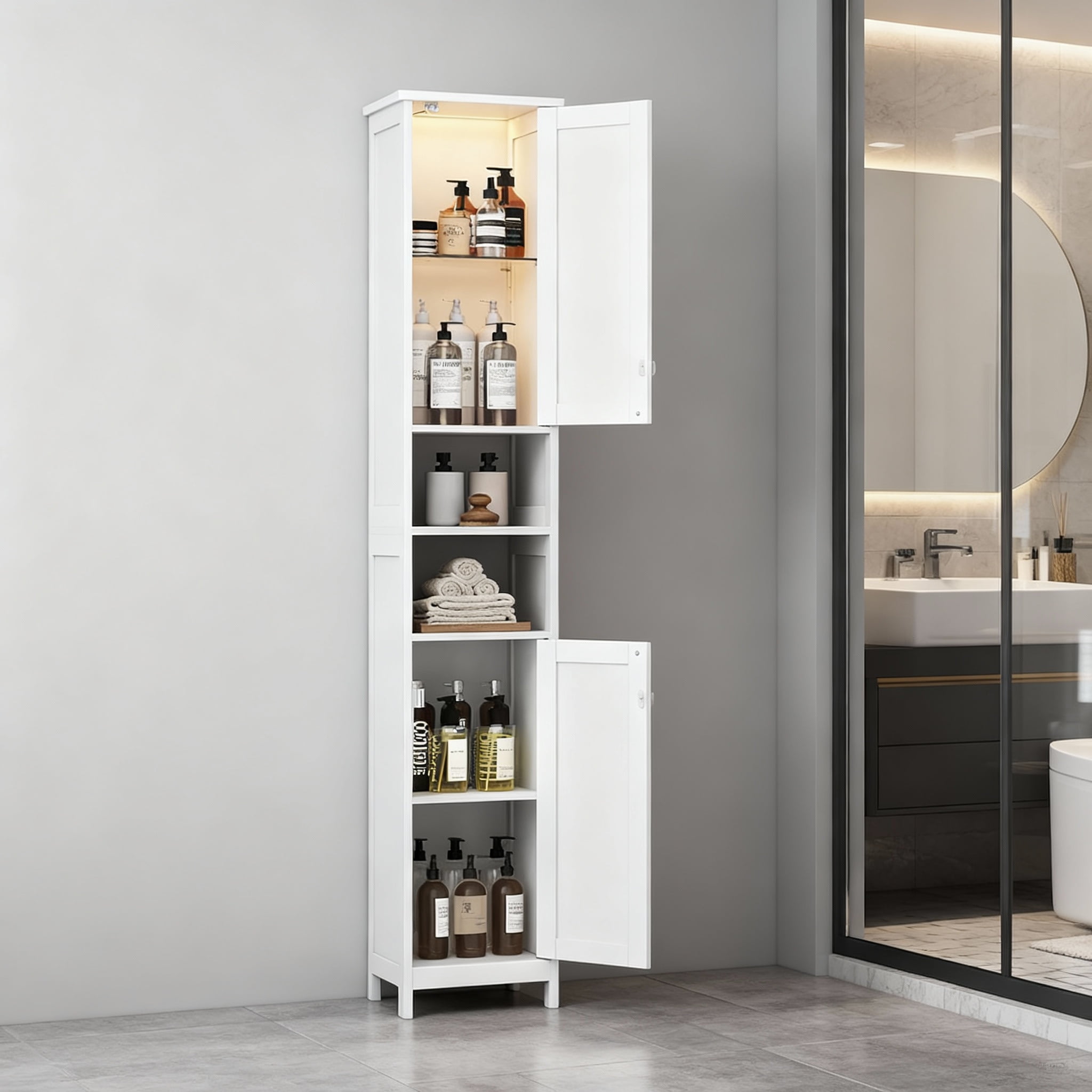 LEDREM Bathroom Storage Cabinet 67" Tall Narrow Wooden Freestanding Cabinet with Automatic Door Lights, Adjustable Shelves,White