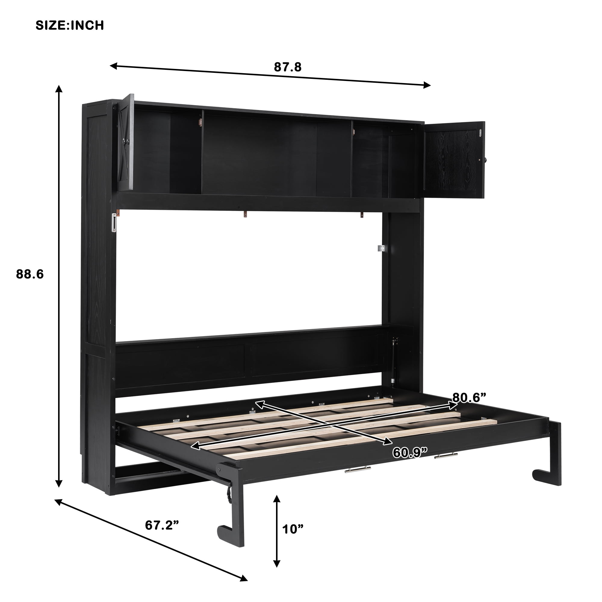 Euroco Wood Queen Size Murphy Bed with Storage Cabinets, Black
