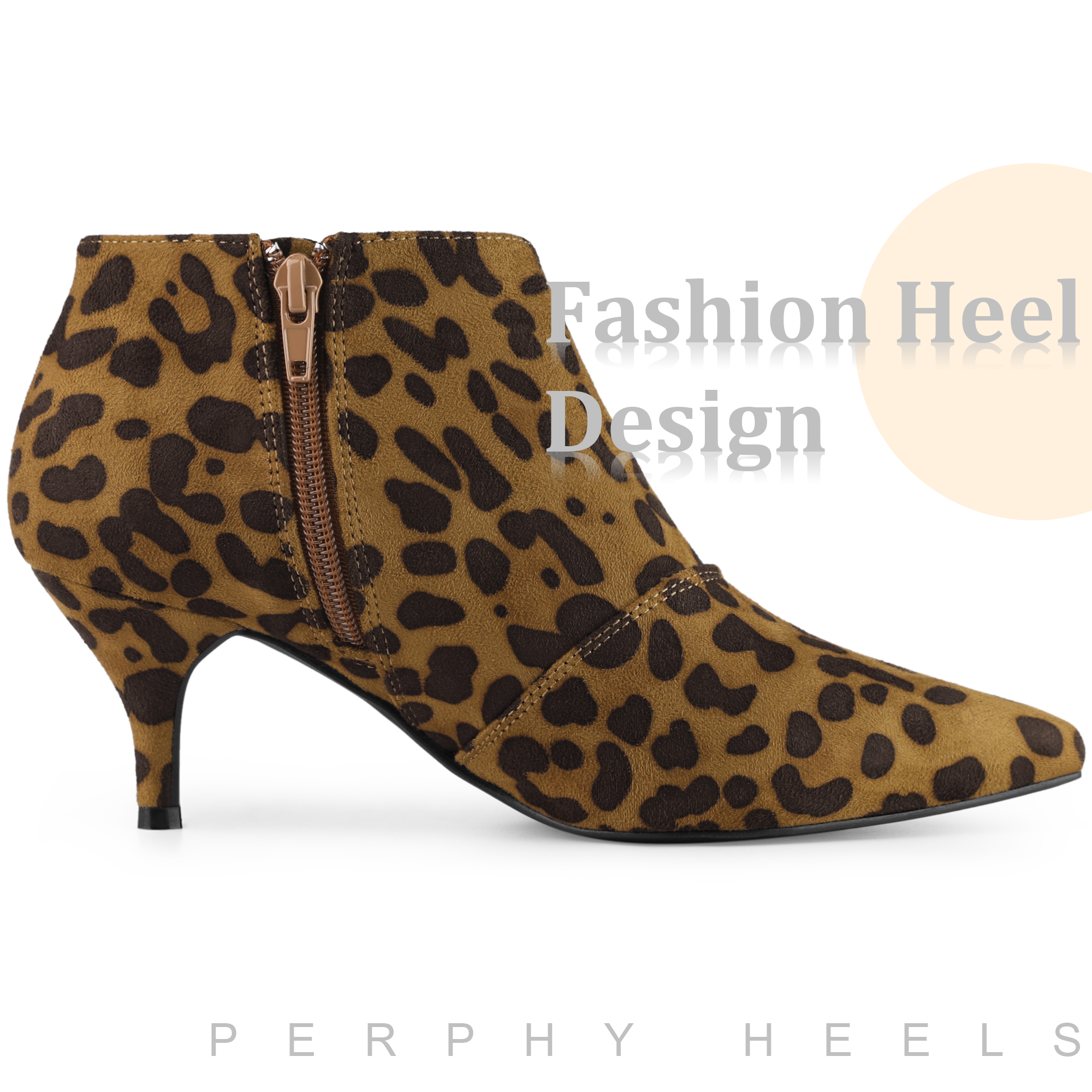 Unique Bargains Pointed Toe Cutout Kitten Heels Ankle Boots for Women Brown Leopard 7.5