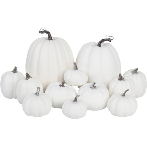 12 Pcs Assorted White Plastic Pumpkin Decorations - Fall Home Decor for Thanksgiving, Halloween, Wedding & Party, DIY Craft Artificial Fake Foam Pumpkins for Table Centerpiece