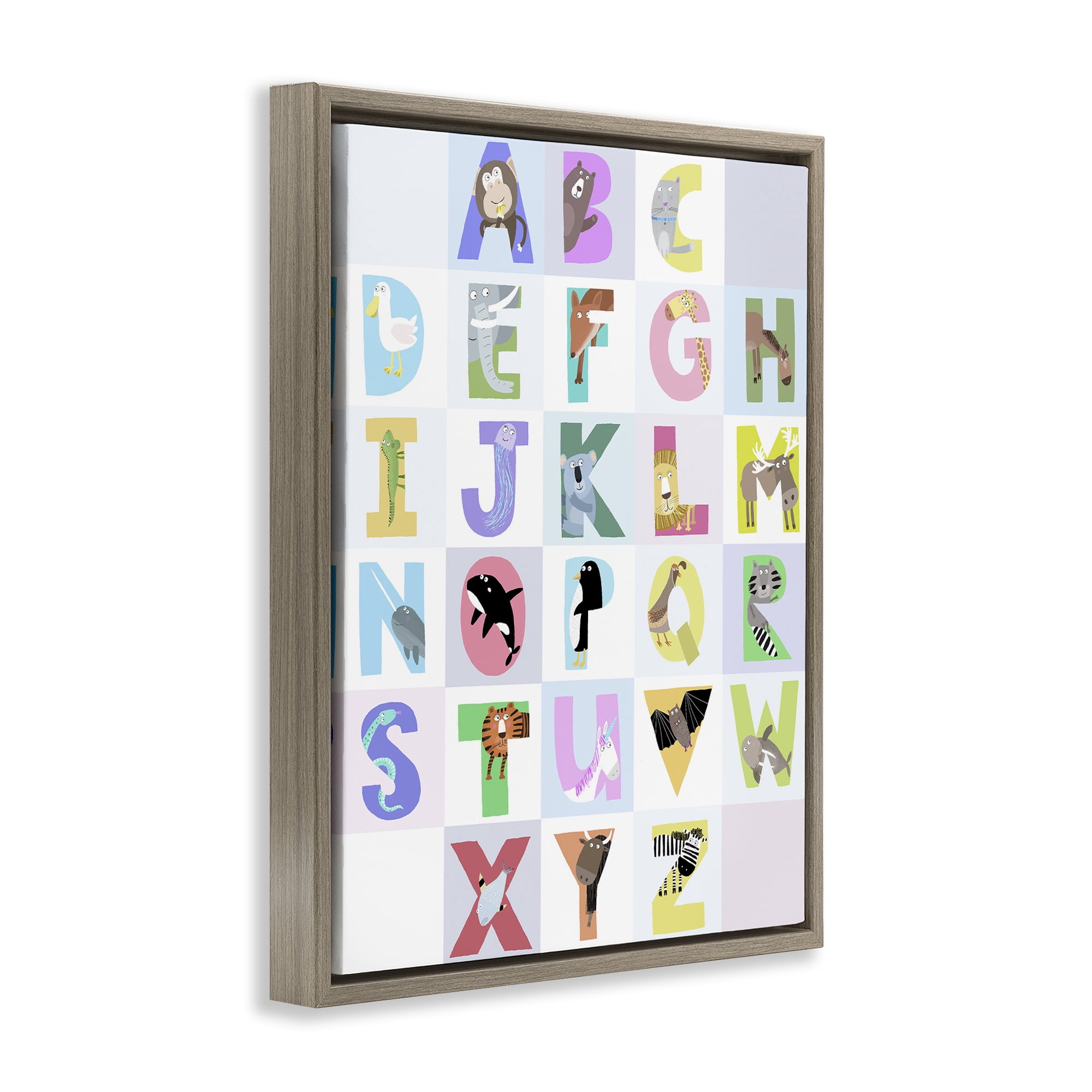 Stupell Industries Animal Alphabet in Light Grey Brown Framed Floater Canvas Wall Art, design by Carla Daly