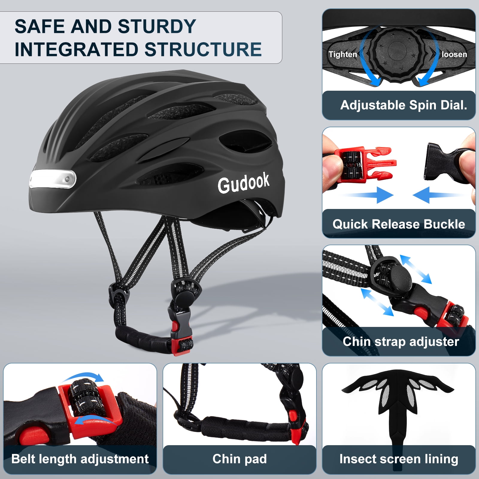GUDOOK Bike Helmet Adult Bike Helmets for Men/Women:  USB Rechargeable LED Front and Rear Lights for Cycling Urban Commuter Skateboard