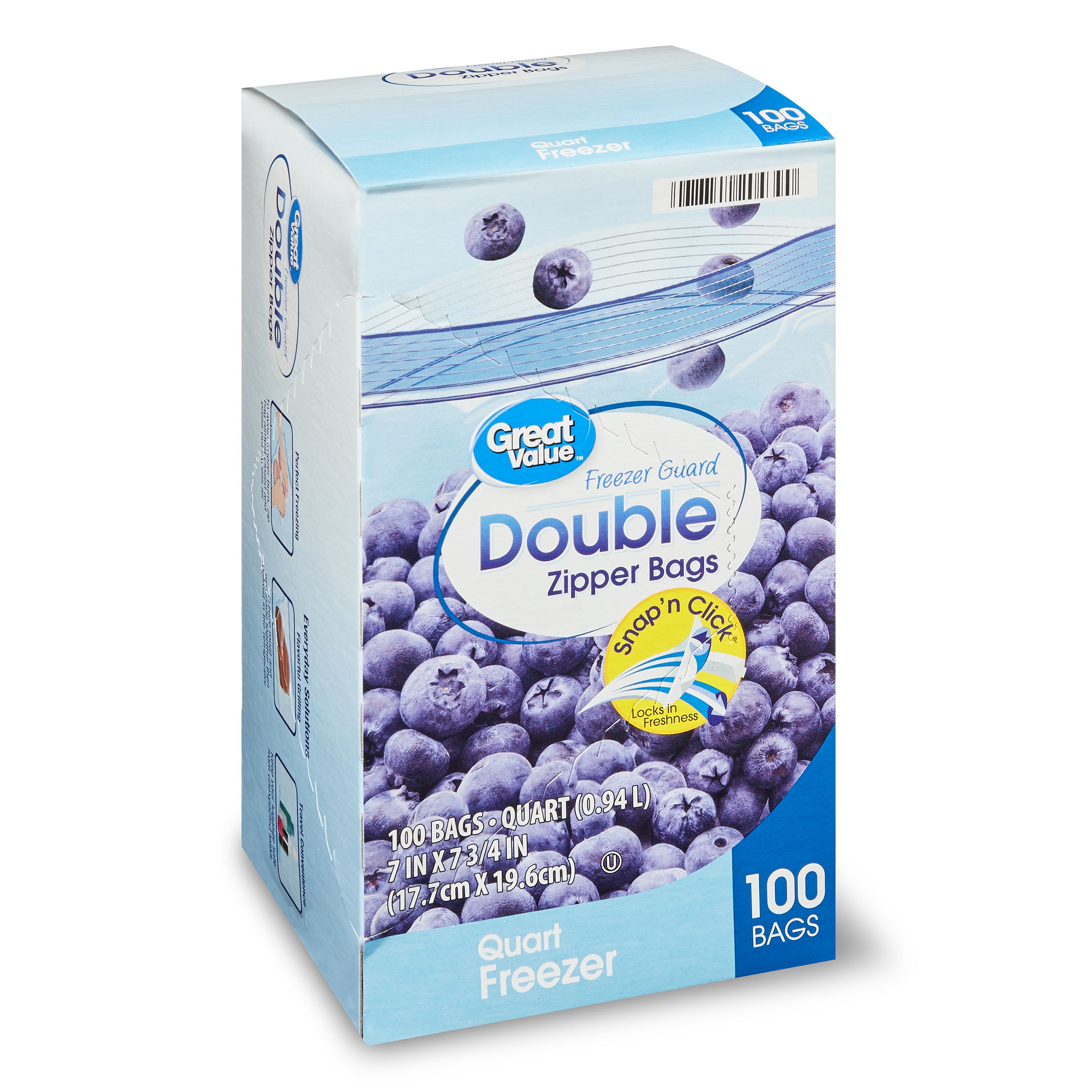 Great Value Freezer Guard Double Zipper Freezer Bags, Quart, 100 Count