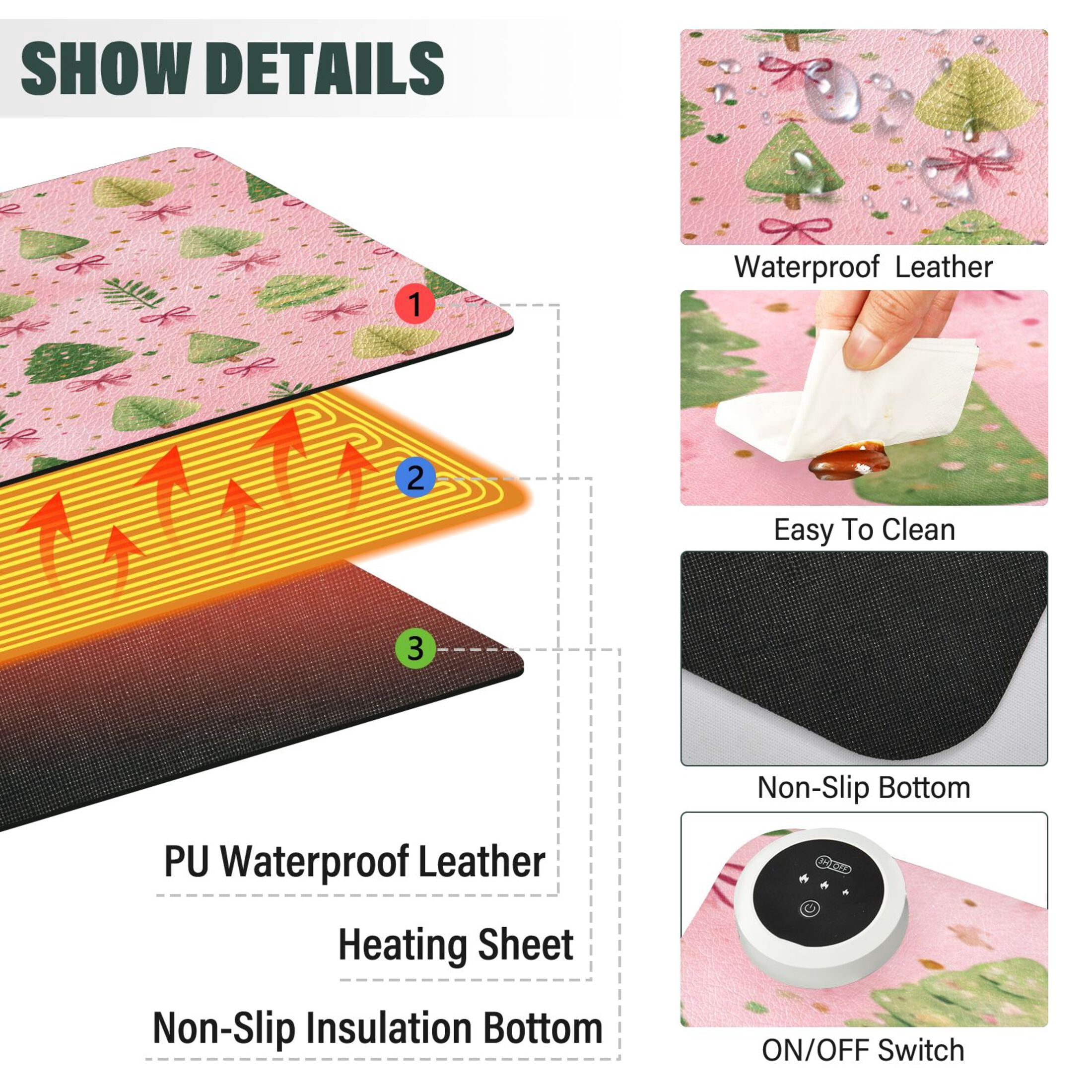 Large Heated Desk Mat Mouse Pad 31.5"x13"PU Leather Graphene Heating Desk Warmer with 3 Temperature Settings 110V US Plug Non-Slip Warm Pad for Home, Office, and Gaming Cute Christmas Tree Pattern