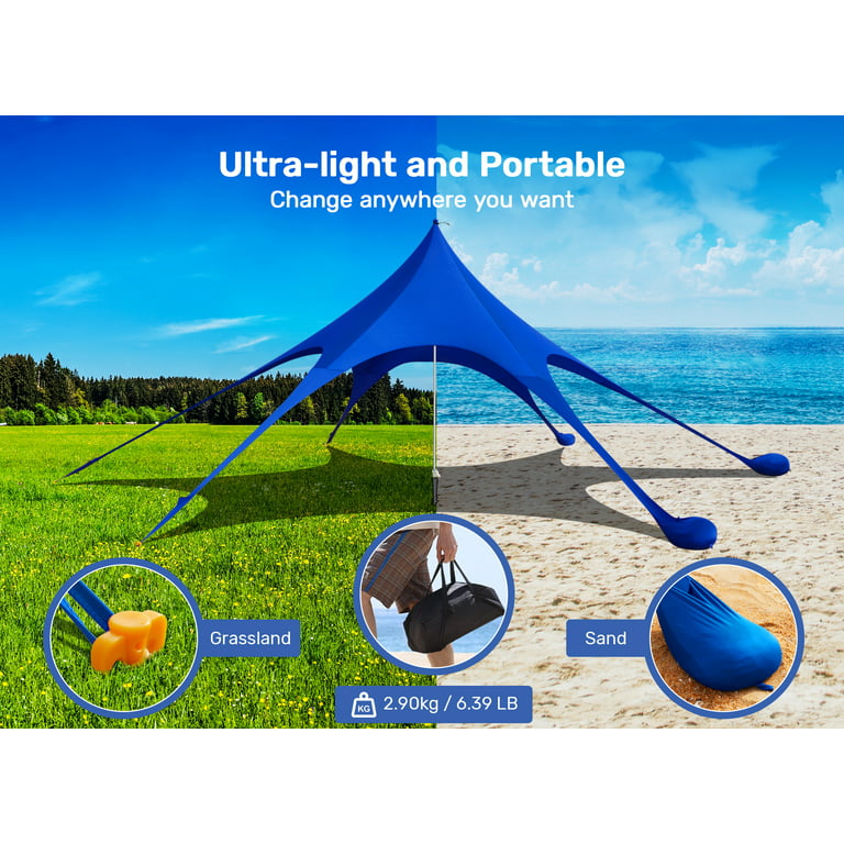  PETNOZ Beach Tent Canopy Sun Shade UPF50+, Easy Pop Up  Anti-Wind Sun Shelter with Stability Poles/Carry Bag/Ground Pegs/Sand  Shovel, Portable Sunshade for Beach Camping (Royal Blue, 10×10 FT 4 Pole) 