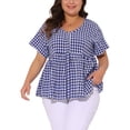 thumbnail image 1 of Blusa de mujer de talla grande Agnes Orinda, con estampado de cuadros, peplum, decoración de botones, cuello en V, manga corta, estilo casual, babydoll, 2X azul, 1 of 6