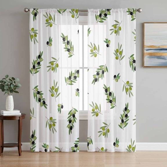 Green Olive Branches Sheer Curtains 108 Inch Length 2 Panels Set Window Treatments, Spring Pastoral Leaves Botanical Rod Pocket Semi Curtains for Living Room/Bedroom/Kitchen Décor, 104"W x 108"L