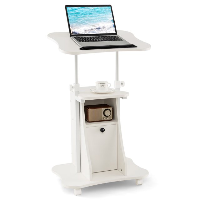 Costway Chariot Mobile sur Podium pour Ordinateur Portable de Bureau avec Rangement Hauteur Réglable Blanc