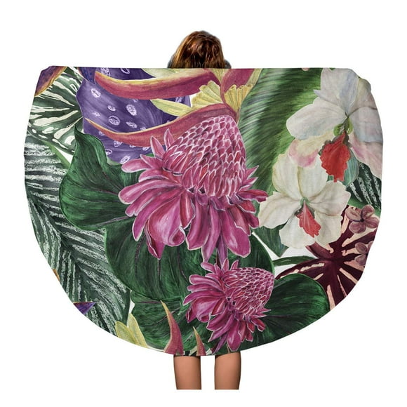 NUDECOR 60 inch Round Beach Towel Blanket Watercolor Tropical Pattern Exotic Flowers Bird of Paradise Orchidea Travel Circle Circular Towels Mat Tapestry Beach Throw