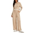 thumbnail image 2 of ATHLECHIC Two Piece Sets for Women Ribbed Knit Tracksuit Half Button Cropped Hoodie Wide Leg Pants Casual Lounge Sets S Khaki, 2 of 4