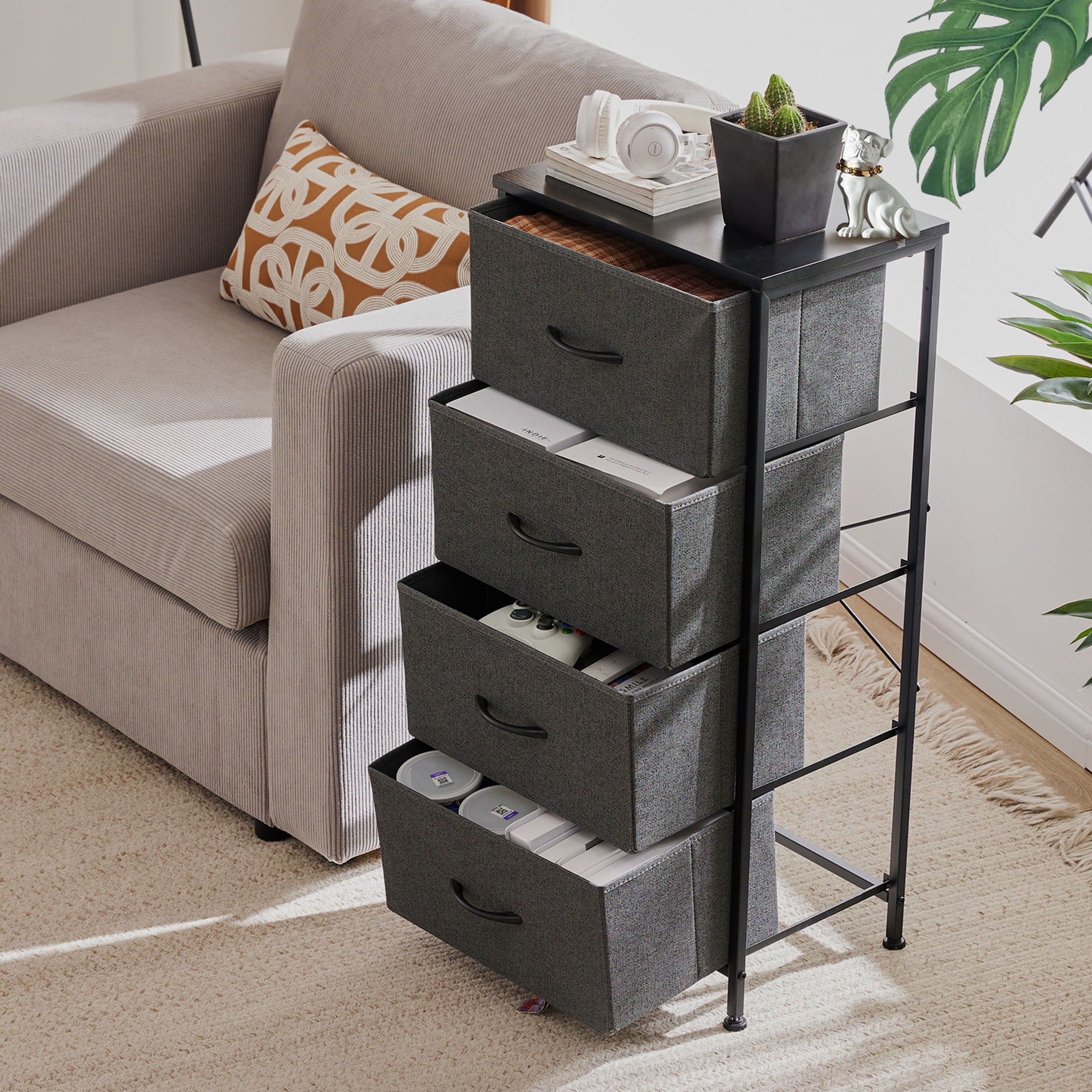 JOINSUN 4 Drawers Dresser, Storage Organizer Units for Clothing, Closet, Fabric Bins, Wood Top, Steel Frame, Lightweight, Gray