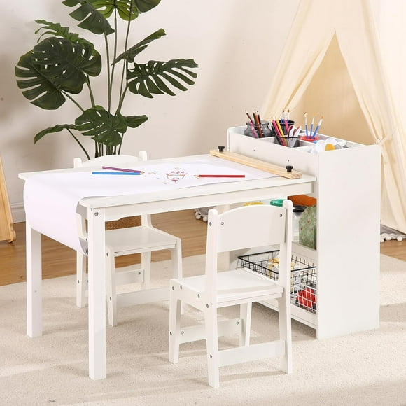 YUSAZENS Art Table Set with Storage Shelves, Complete Table and Chairs Set for Crafting & Drawing, Wooden Furniture for Classroom and Nursery Use