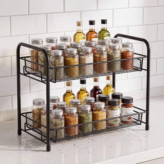 Spice Rack Organizer for Countertop, 2-Tier Black Metal Standing Seasoning Storage Shelf with Guardrail and Mesh Design, Large Capacity Spice Organizer for Kitchen Cabinet Pantry Bathroom - Black