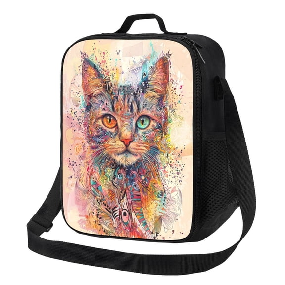 Boho Cat Lunch Bag Reusable Lunch Box Insulated Tote Bag with Adjustable Shoulder Strap
