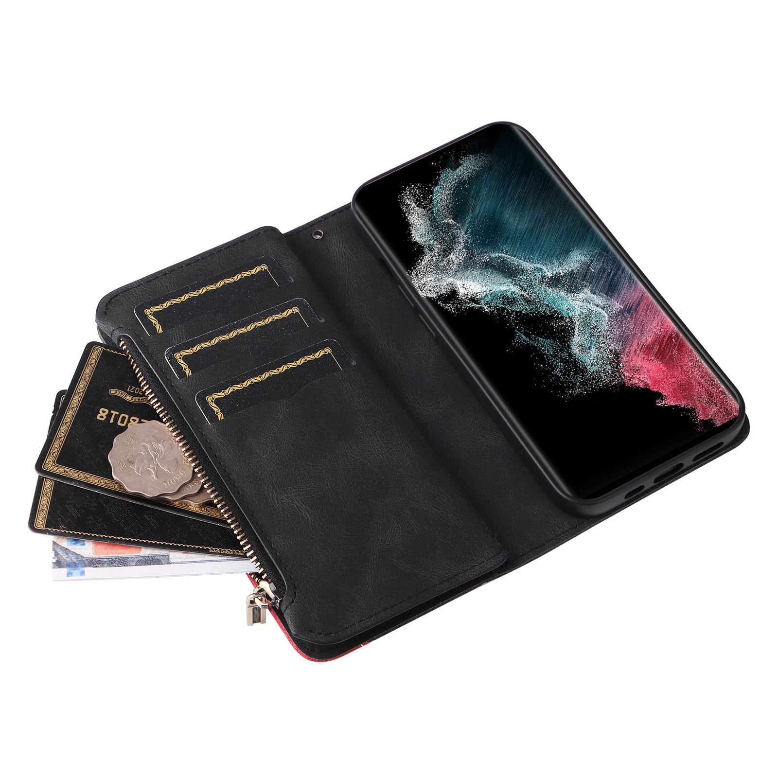 Dteck for Samsung Galaxy S23 Ultra Case Wallet with 9 Card Slots, Zipper Pocket PU Leather Folio Flip Phone Case with Wristlet Strap for Samsung Galaxy S23 Ultra 6.8 Inch, Black