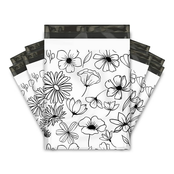 10x13 Black and White Sketched Floral Designer Poly Mailers Shipping Envelopes Premium Printed Bags