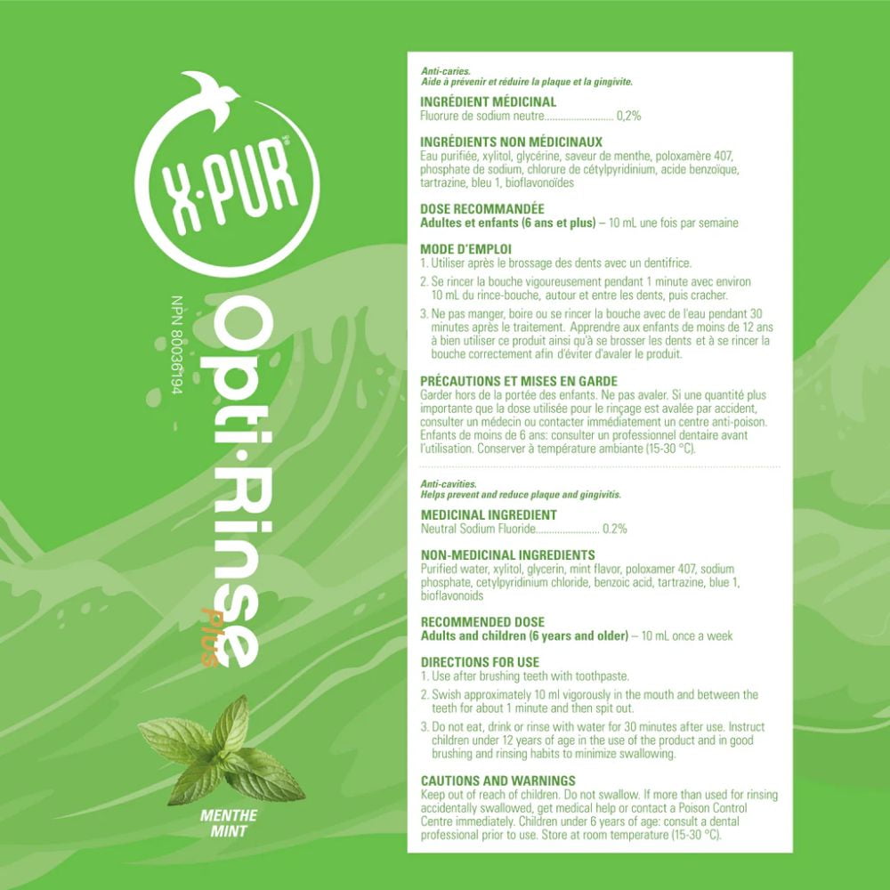 X-PUR Opti-Rinse Plus Rince Bouche Flaveur De Menthe Avec 0.2 % Fluorure De Sodium, Sans Alcool, 10% Xylitol