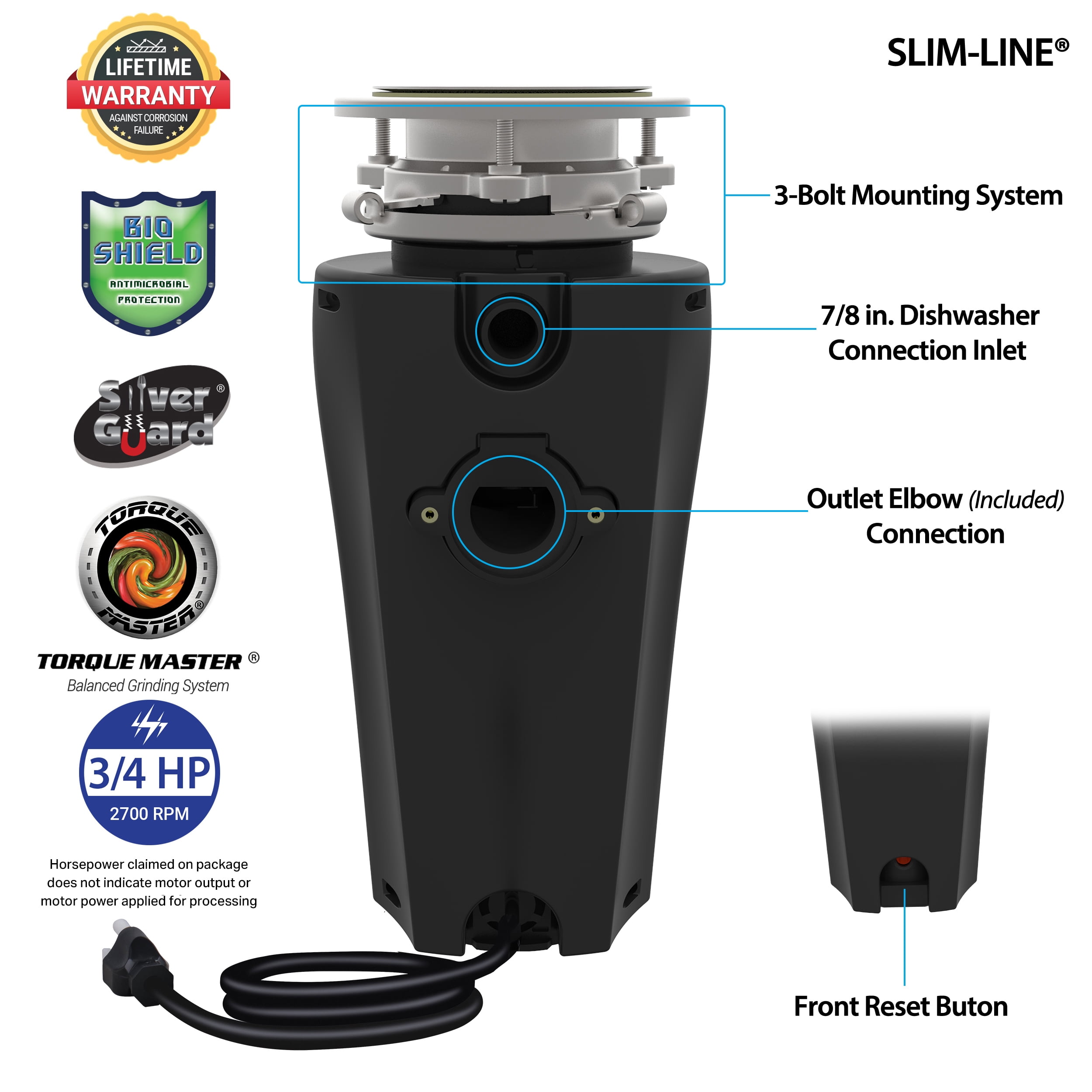 Titan 3/4 HP Slim Line Garbage Disposal for Confined Spaces 10-US-TN-960-SL-3B