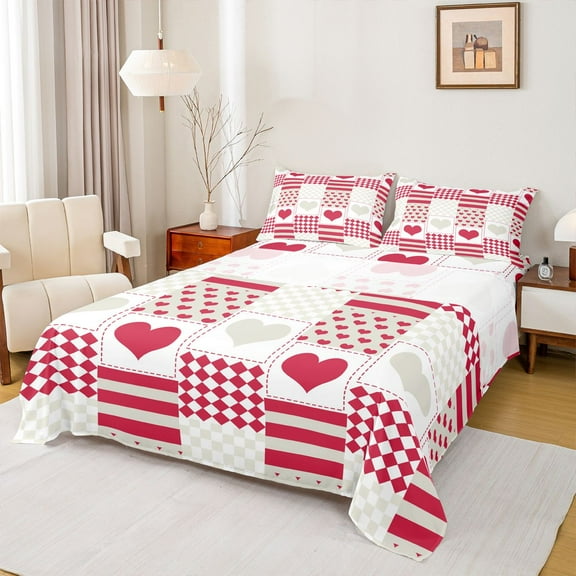 Castle Fairy Teens Adults Love Heart Print Twin Sheet Sets 3pcs,Geometric Plaid Stripes Twin Fitted Sheet Microfiber,Happy Valentine's Day Breathable Flat Sheet,Luxury Bedroom Decor