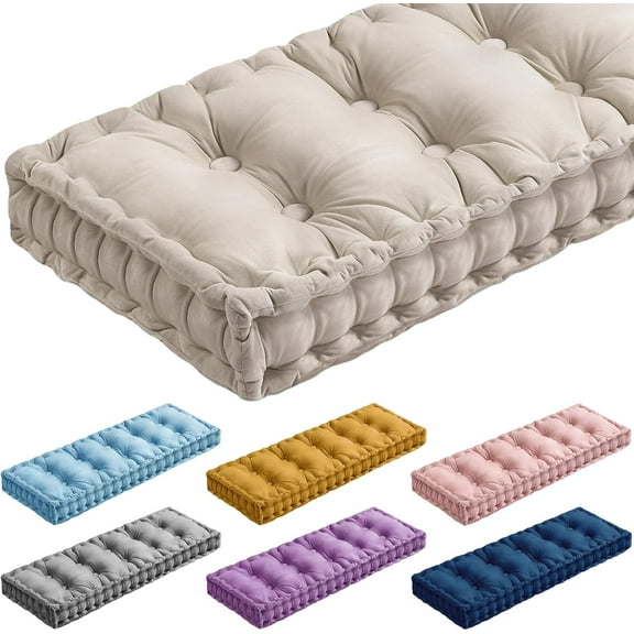 Bench Cushions for Indoor Furniture 48x18 Inch Velvet Kitchen Dining Piano Window Seat Cushion, Tufted Patio Porch Swing Thicken Bench Pad Memory Foam(Ivory White)