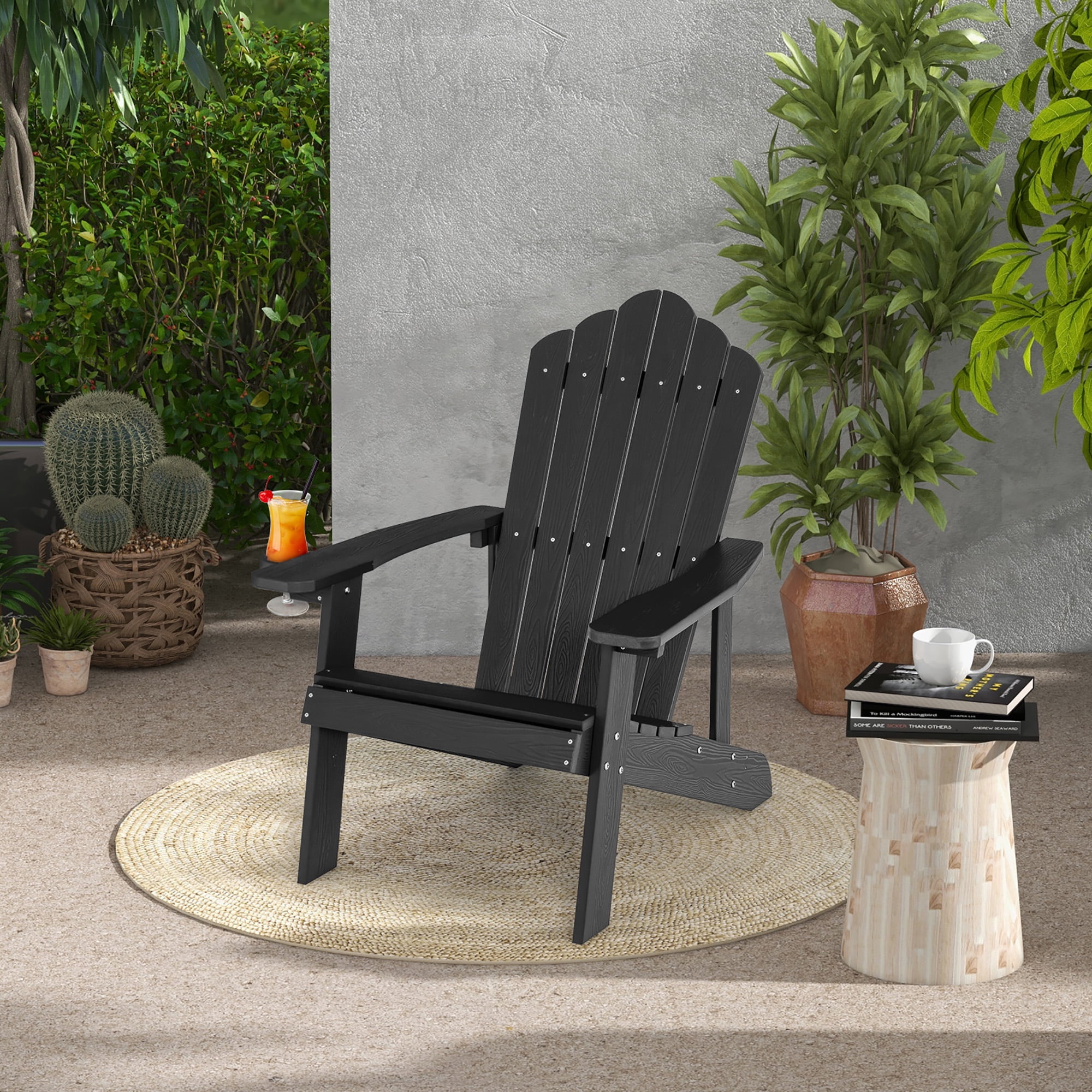 Costway Patio HIPS Adirondack Chair with Cup Holder Weather Resistant Outdoor 380 LBS Black