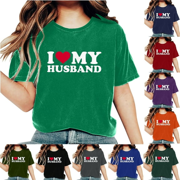 Fesfesfes T Shirt Pack I love my husband Womens Work Tops Girls Short Sleeve Out Blouse Valentine's Day Letter Print Gift Shirt T-Shirt Tops Womens Turtleneck Bodysuit 8(L)