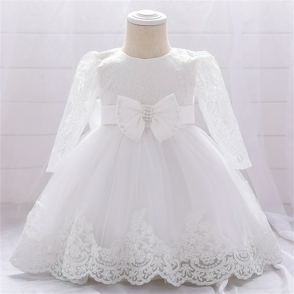 Ulitacool Girl Dress Ruffle Long Sleeve Solid Color Lace Bowknot Flower Dresses Pageant Party Wedding Princess Dress Simple Clothes 18-24 Months White