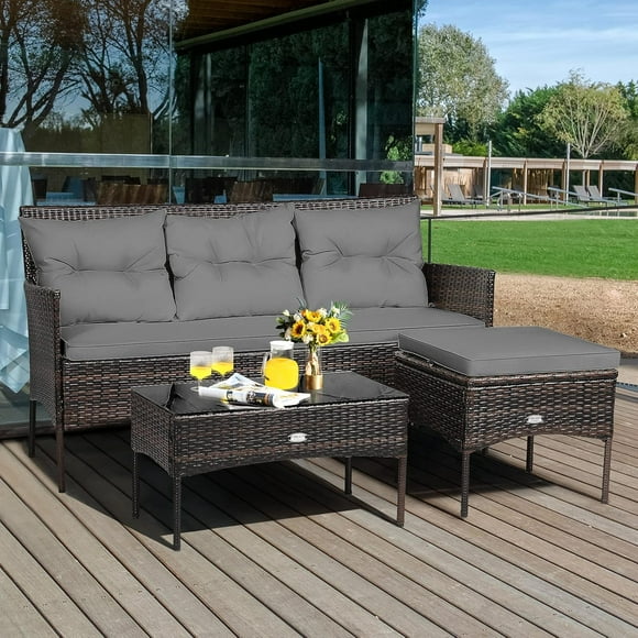 Gymax 3PCS Patio Rattan Sectional Conversation Furniture Set w/ Grey Cushions