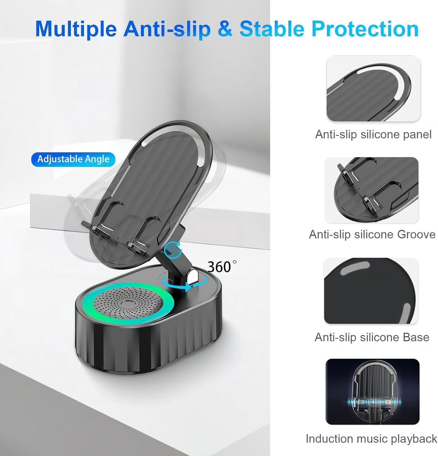 Arshipscho Nominateh Cell Phone Stand, 2025 Upgraded Cell Phone Stand with Induction Speaker/Power Bank/Atmosphere Light, 360° Rotating Foldable Holder Ideal for Home Office Travel (White)