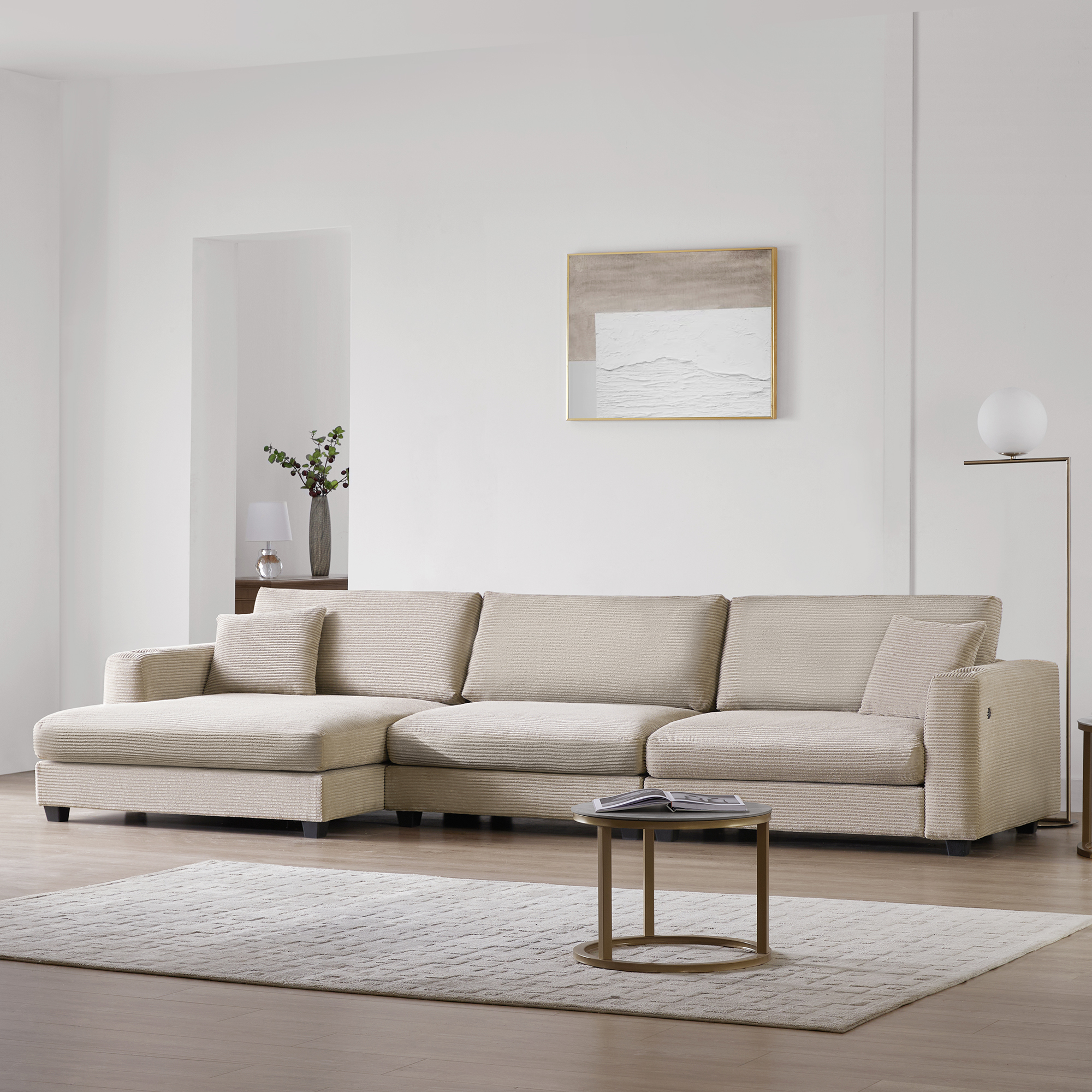 EUROCO 134" Oversized L Shaped Sectional Sofa Couch, 4 Seat Corduroy Deep Seat Sofa Bed with USB Charging Port, Cup Holder and 50" Chaise, Comfy Indoor Furniture for Living Room, khaki