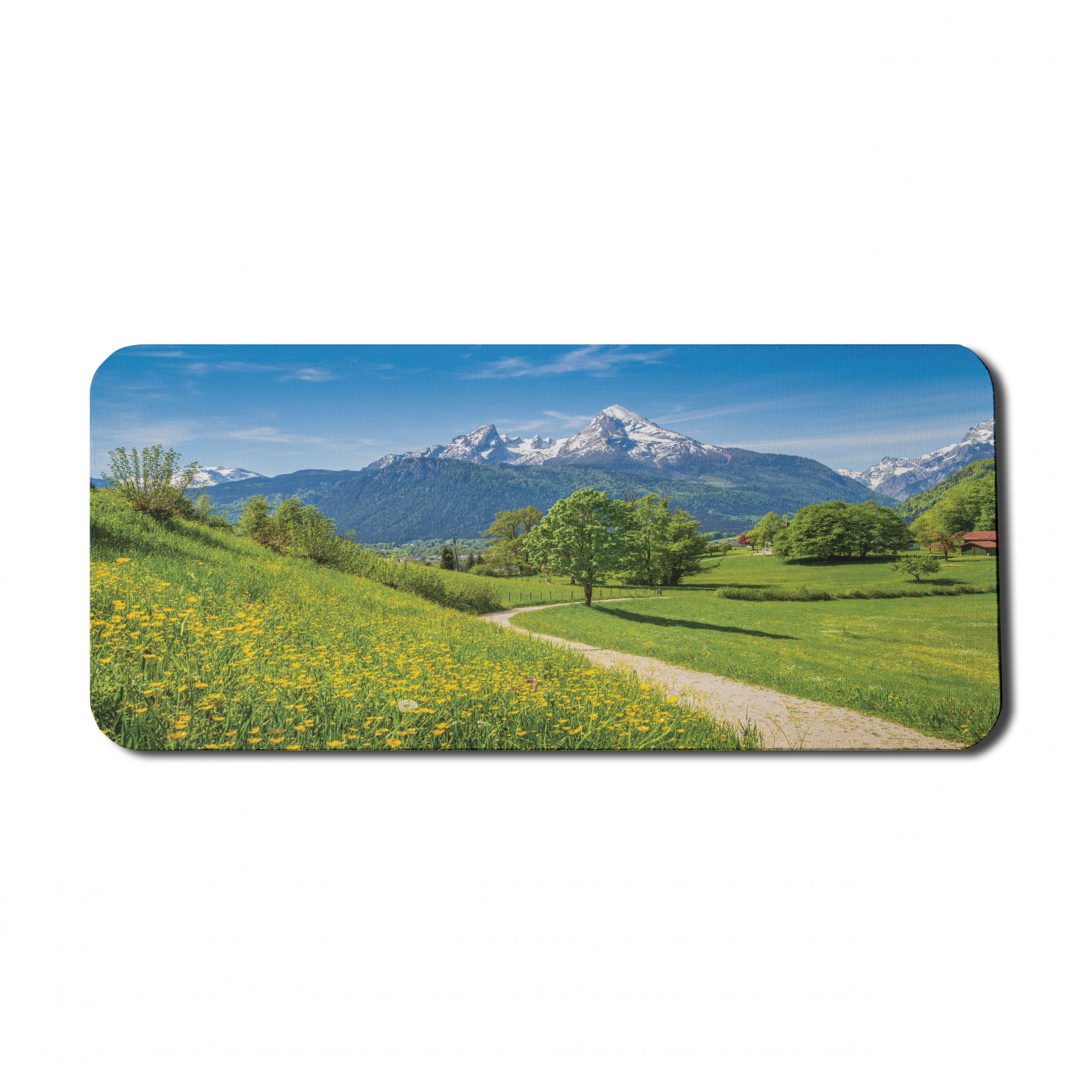 Mountain Computer Mouse Pad, Spring Scenery in Alps with Floral Grass and Snowy Mountain Tops in Rural Village, Rectangle Non-Slip Rubber Mousepad X-Large, 35" x 15", Multicolor, by Ambesonne - image 1 of 2
