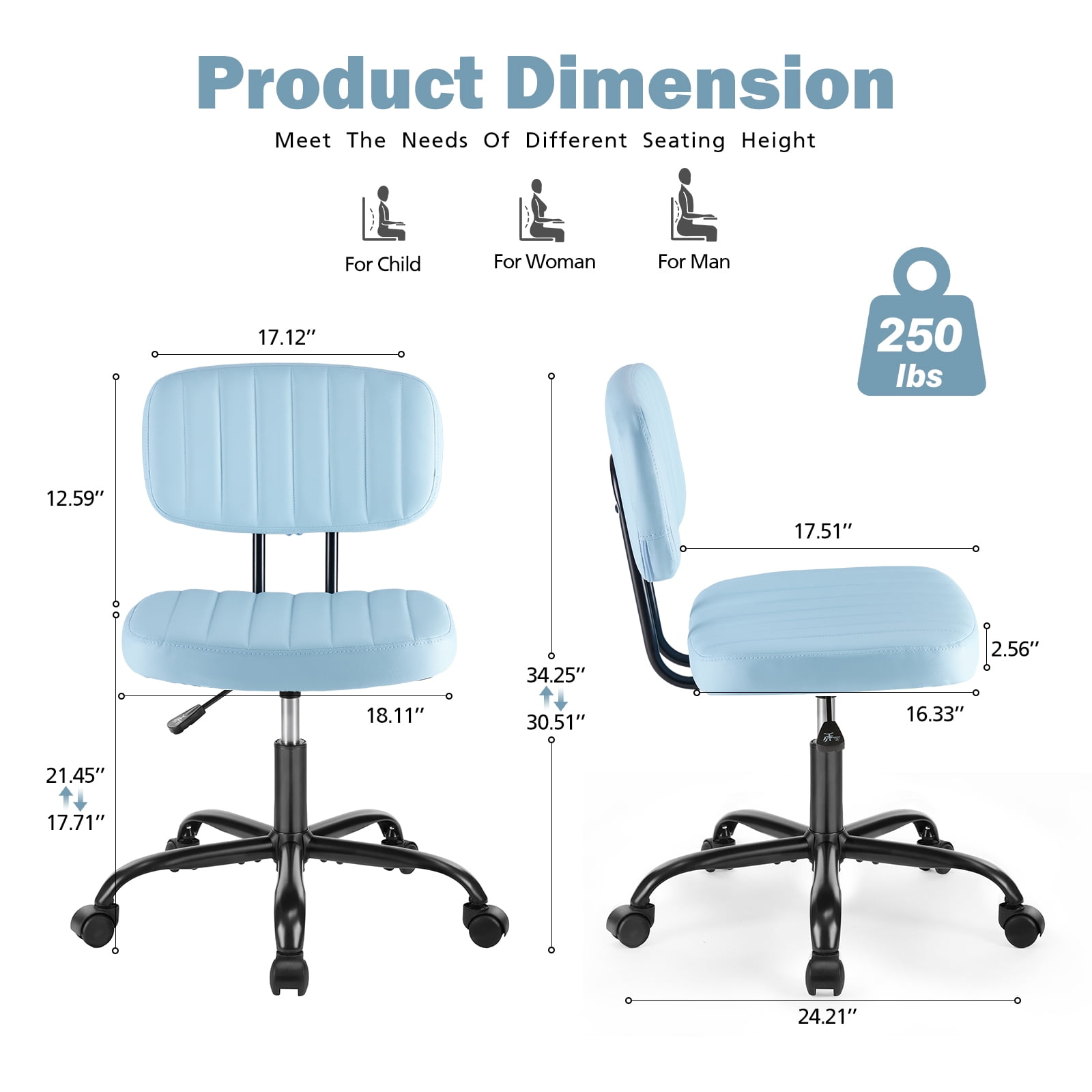 Armless Office Desk Chair with Wheels, Adjustable Height 360° Rolling Swivel Lumbar Support Low-Back Computer Chair, PU Leather, Blue