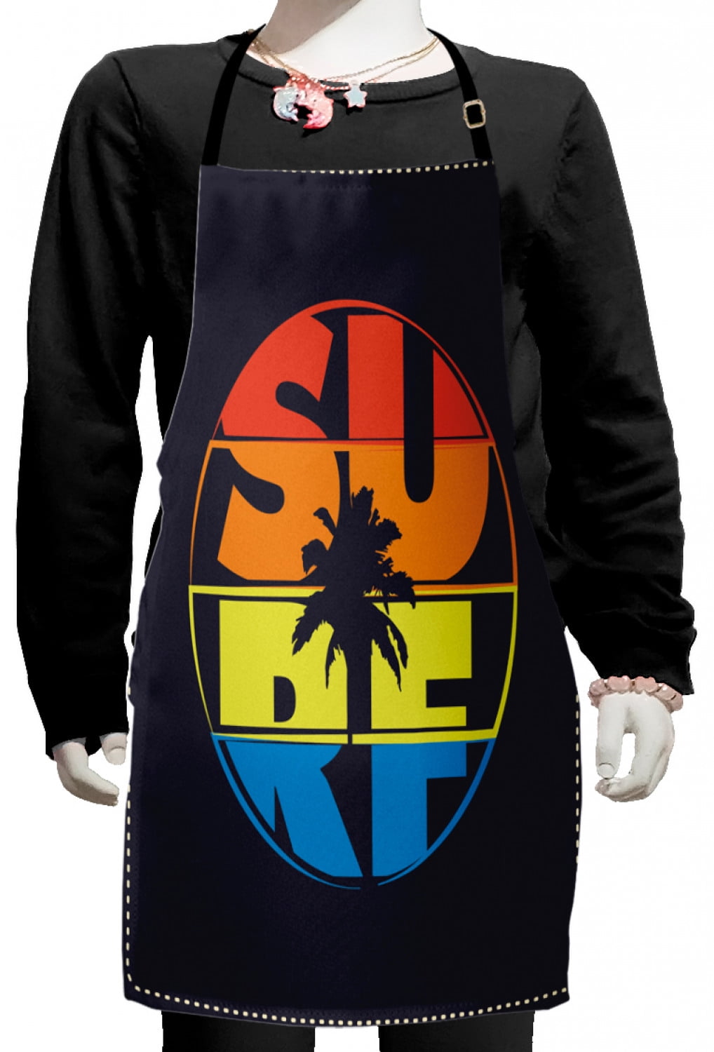 Modern Kids Apron, Surf Typography in Rainbow Colors Featured with Palm