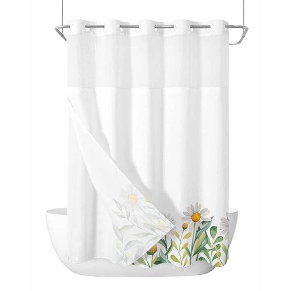 No Hook Cloth Fabric Shower Curtain with Snap in Liner, Daisy Flower Waterproof Shower Curtains Set with See Through Top Window, Garden Floral Green Leaf Summer Spring Bath Curtains Shower 60"x72"